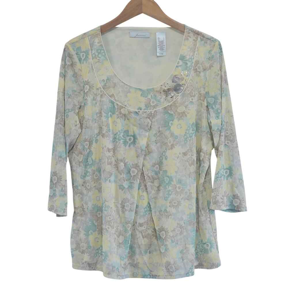 JH Collectibles Women's Large Blue Yellow Flower Button Embellished Loose Fitted